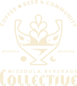 Logo for Missoula Beverage Collective, featuring a birdbath with two birds perched on the rim, and the text: Coffee. Beer. Community.